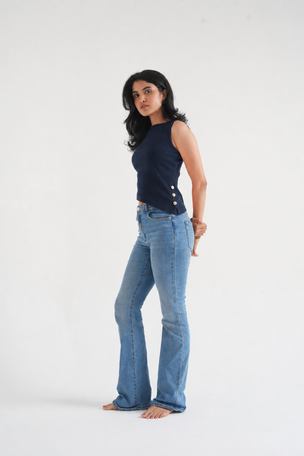 Navy Ribbed Asymmetric Top with Gold Buttons-5