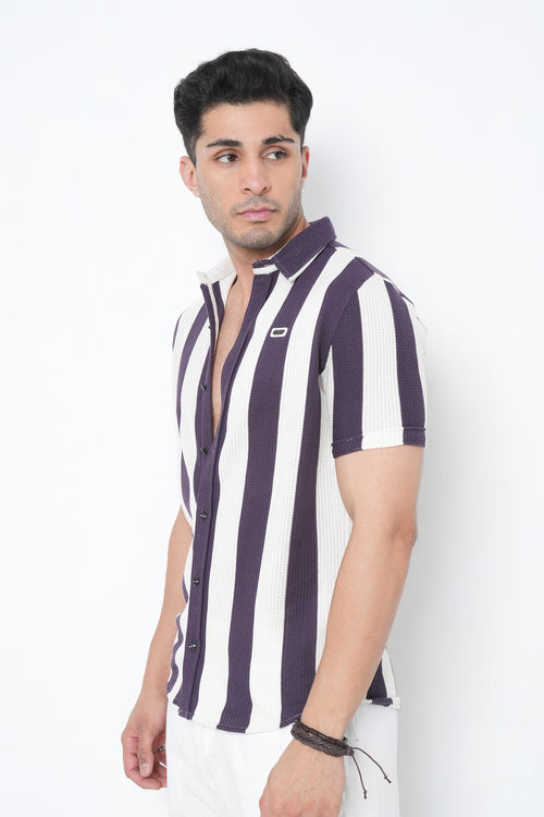 Mens Casual Short Sleeve Vertical Striped Shirt