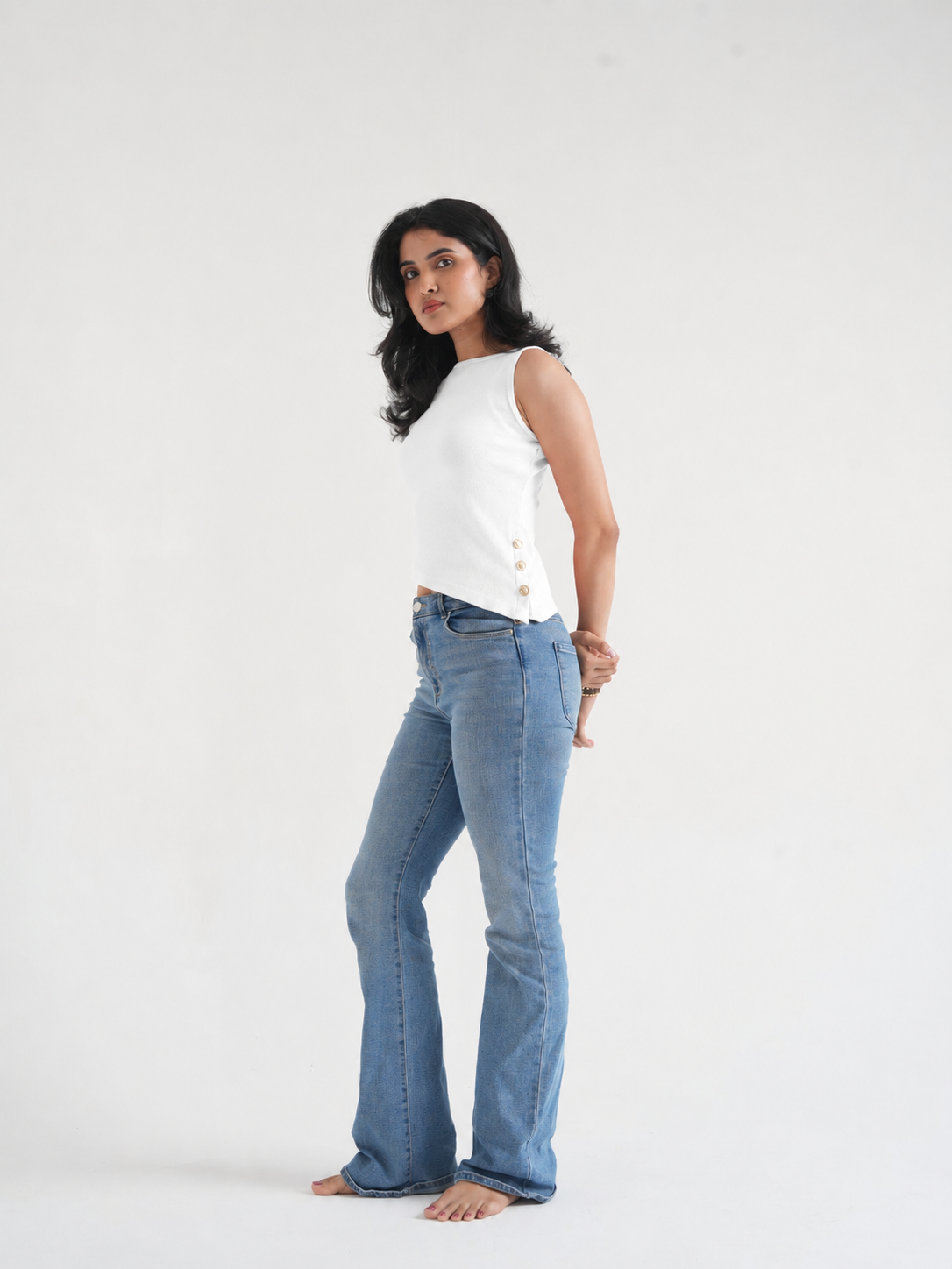 Off-White Ribbed Asymmetric Top with Gold Buttons-5