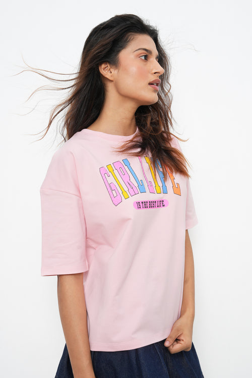 BONNATY PINK PRINTED RELAXED FIT COTTON T-SHIRT