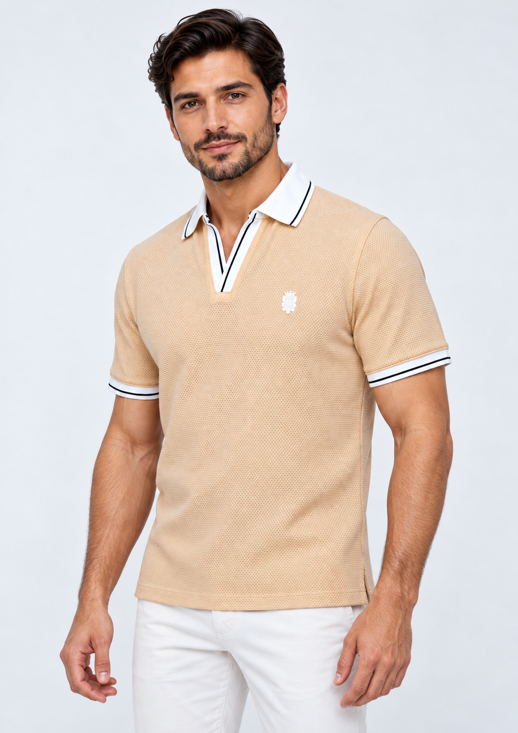 Peach Textured V-Neck Resort Polo T-Shirt-1