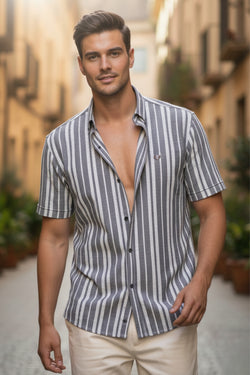 Cement & White Regular Fit Vertical Striped Shirt