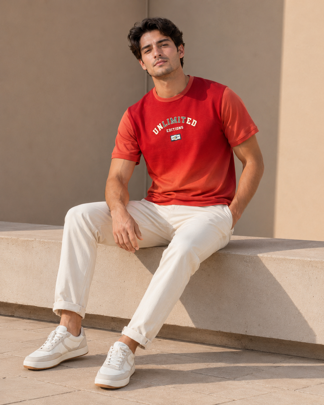 Men Rust Orange Ombre Dip-Dye UNLIMITED EDITIONS Chest Print T-Shirt