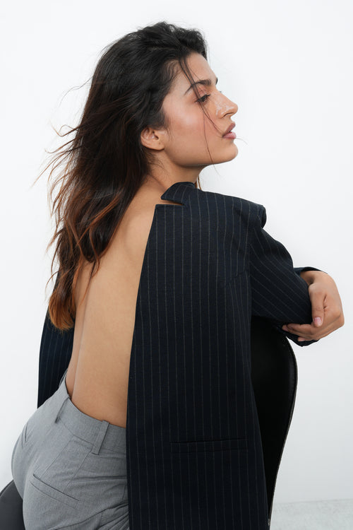 NAVY STRIPE FRONT OPEN BLAZER