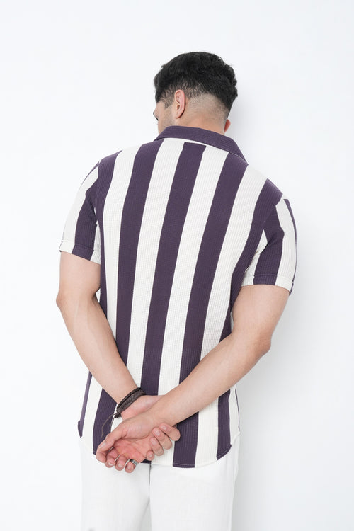 Mens Casual Short Sleeve Vertical Striped Shirt