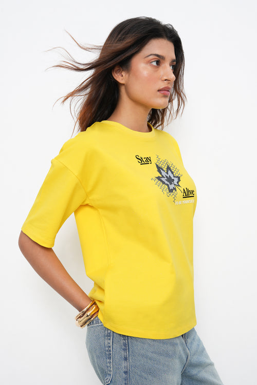 BONNATY FLORAL PRINT COTTON LEMON T-SHIRT