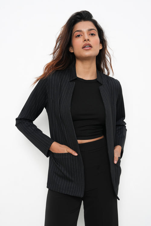 BLACK STRIPE FRONT OPEN BLAZER