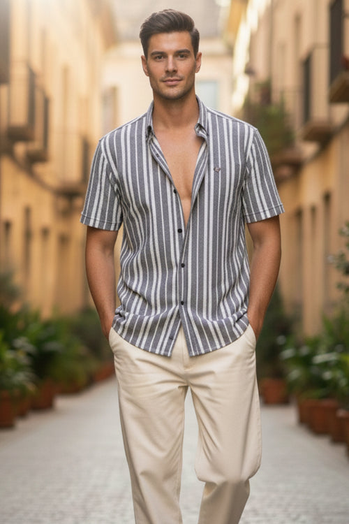 Slate & White Regular Fit Vertical Striped Shirt