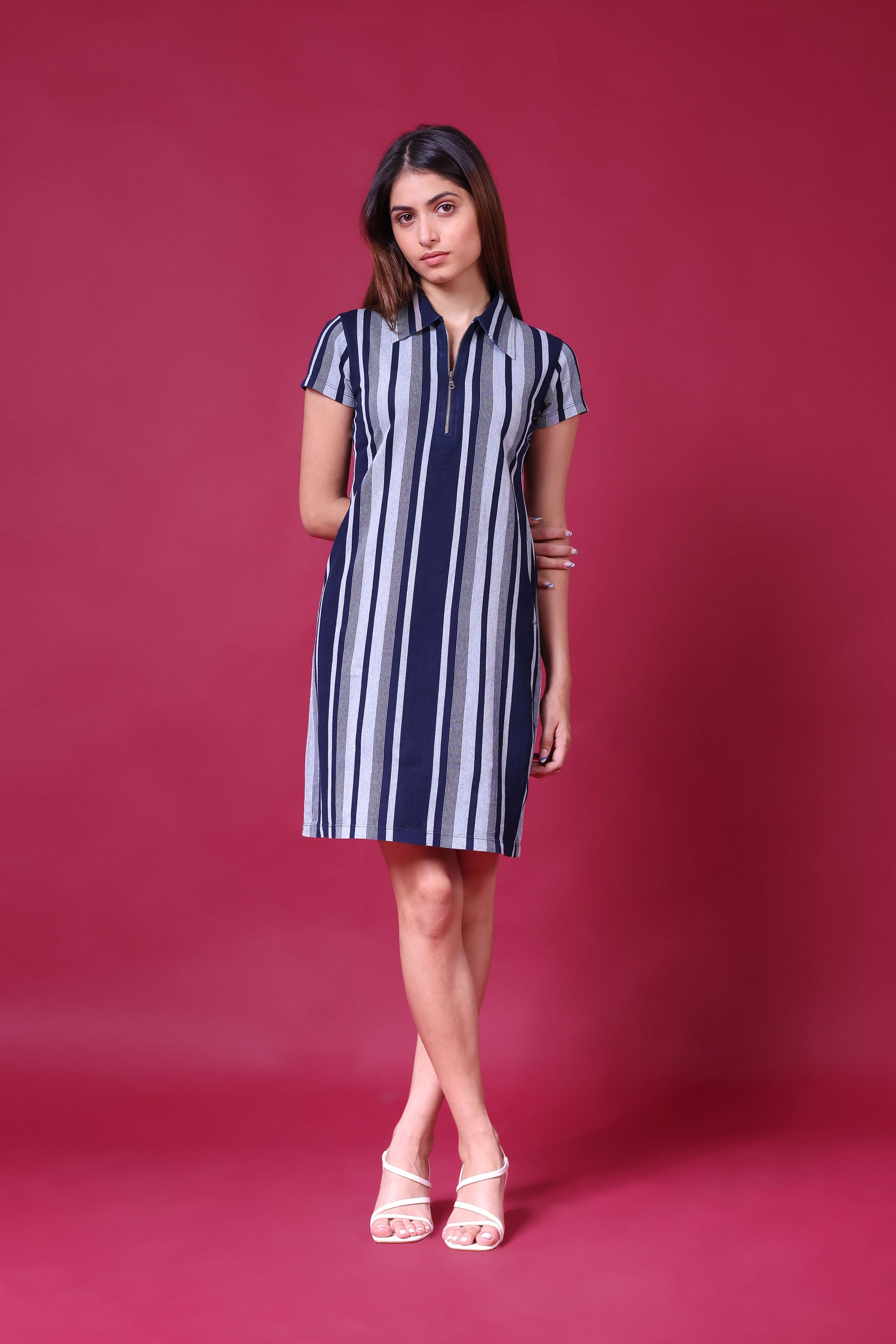 STRIPED DENIM KNIT WOMEN DRESS