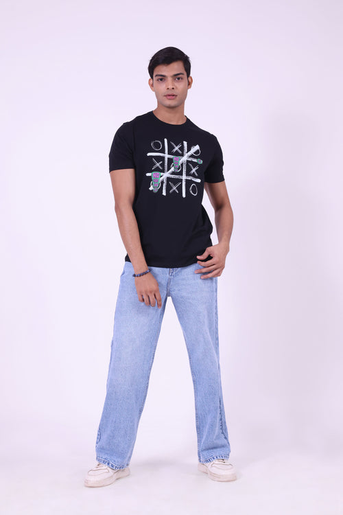 Black TIC TAC TOE Printed Crew Neck T-Shirt