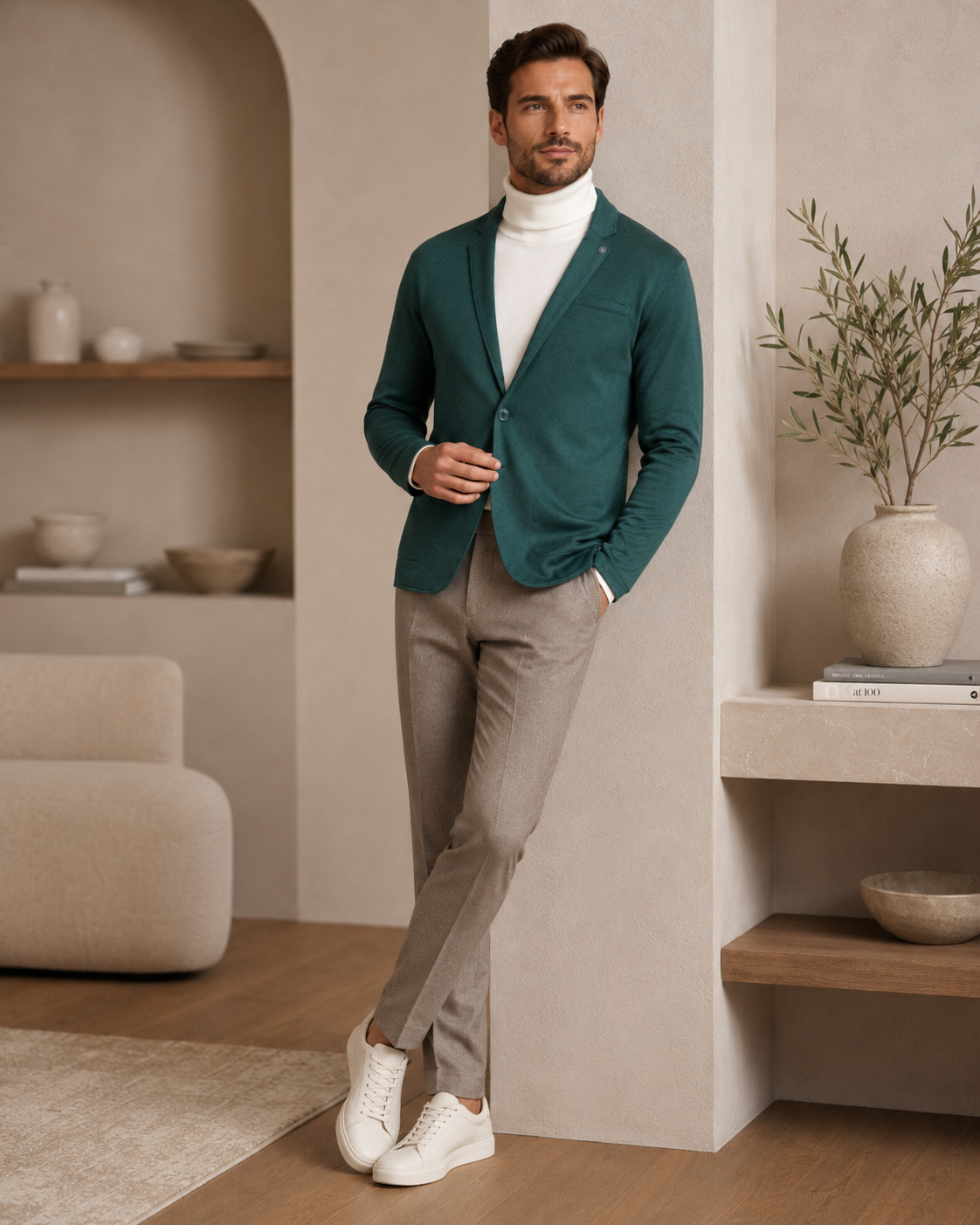 Men Evergreen Green Single-Breasted Casual Blazer