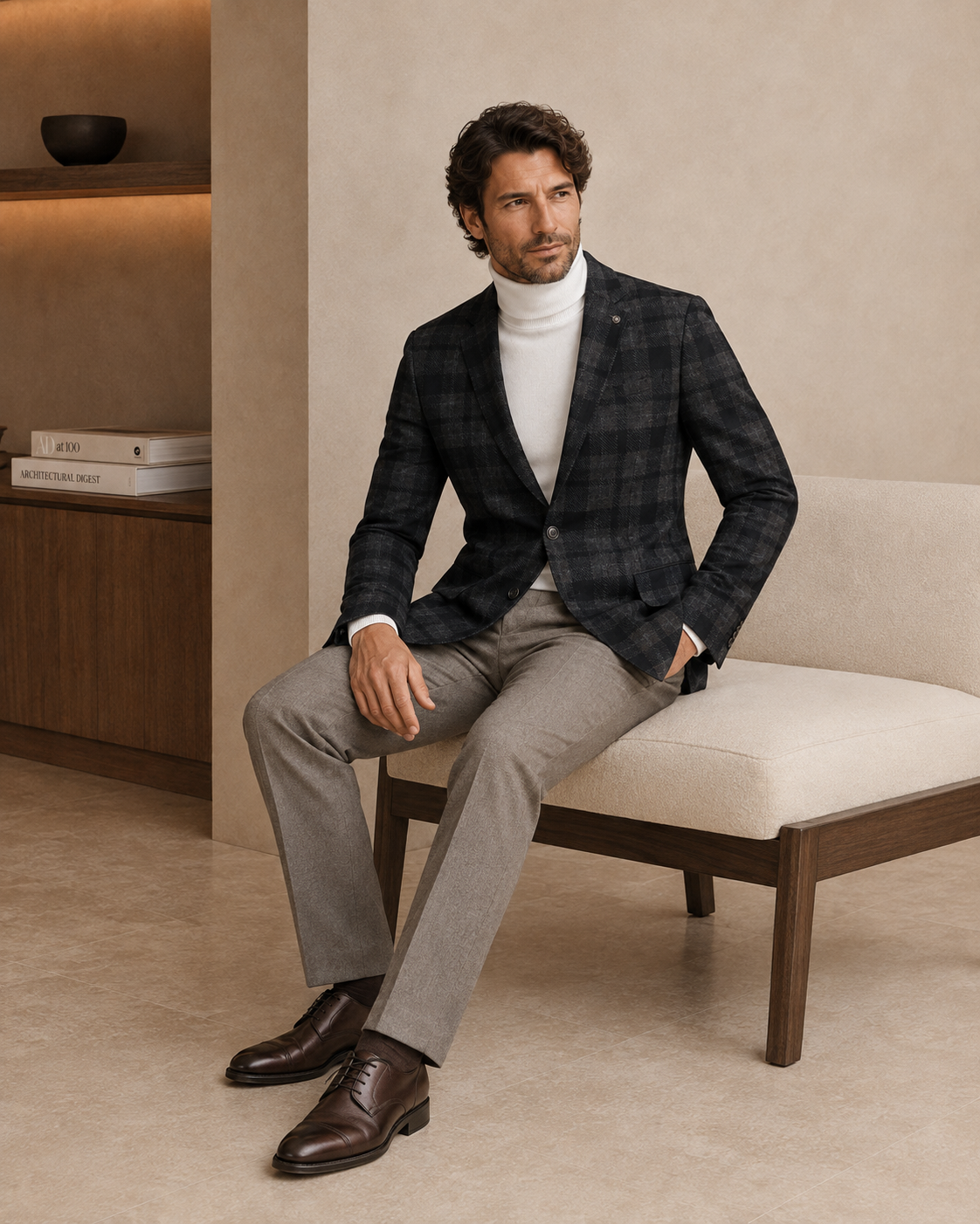 Men’s Charcoal & Dark Beige Textured Checked Blazer-1