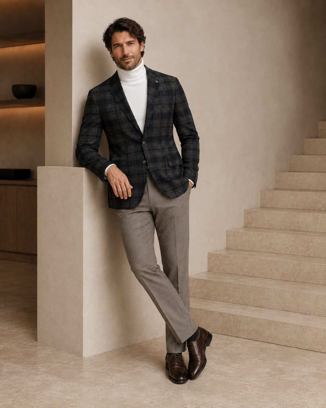 Men’s Charcoal & Dark Beige Textured Checked Blazer-2