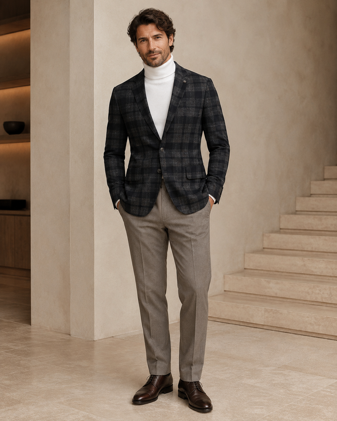 Men’s Charcoal & Dark Beige Textured Checked Blazer-3