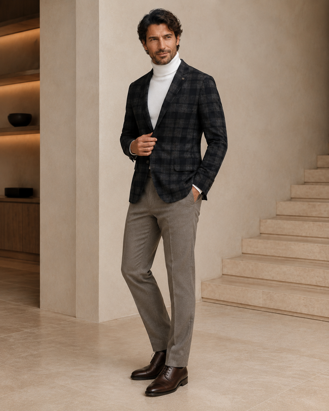 Men’s Charcoal & Dark Beige Textured Checked Blazer-4