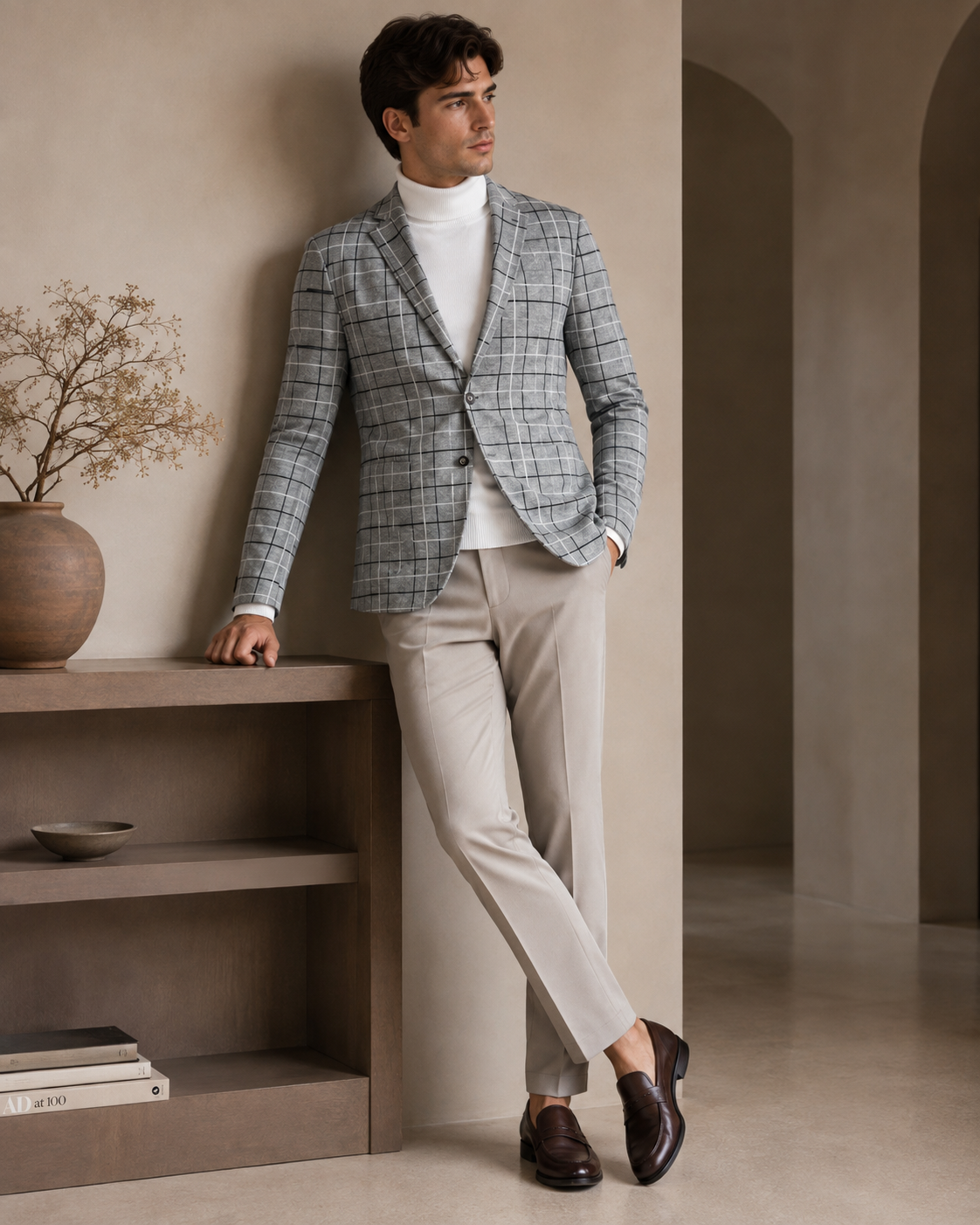 Men Grey Windowpane Checked Single-Breasted Casual Blazer