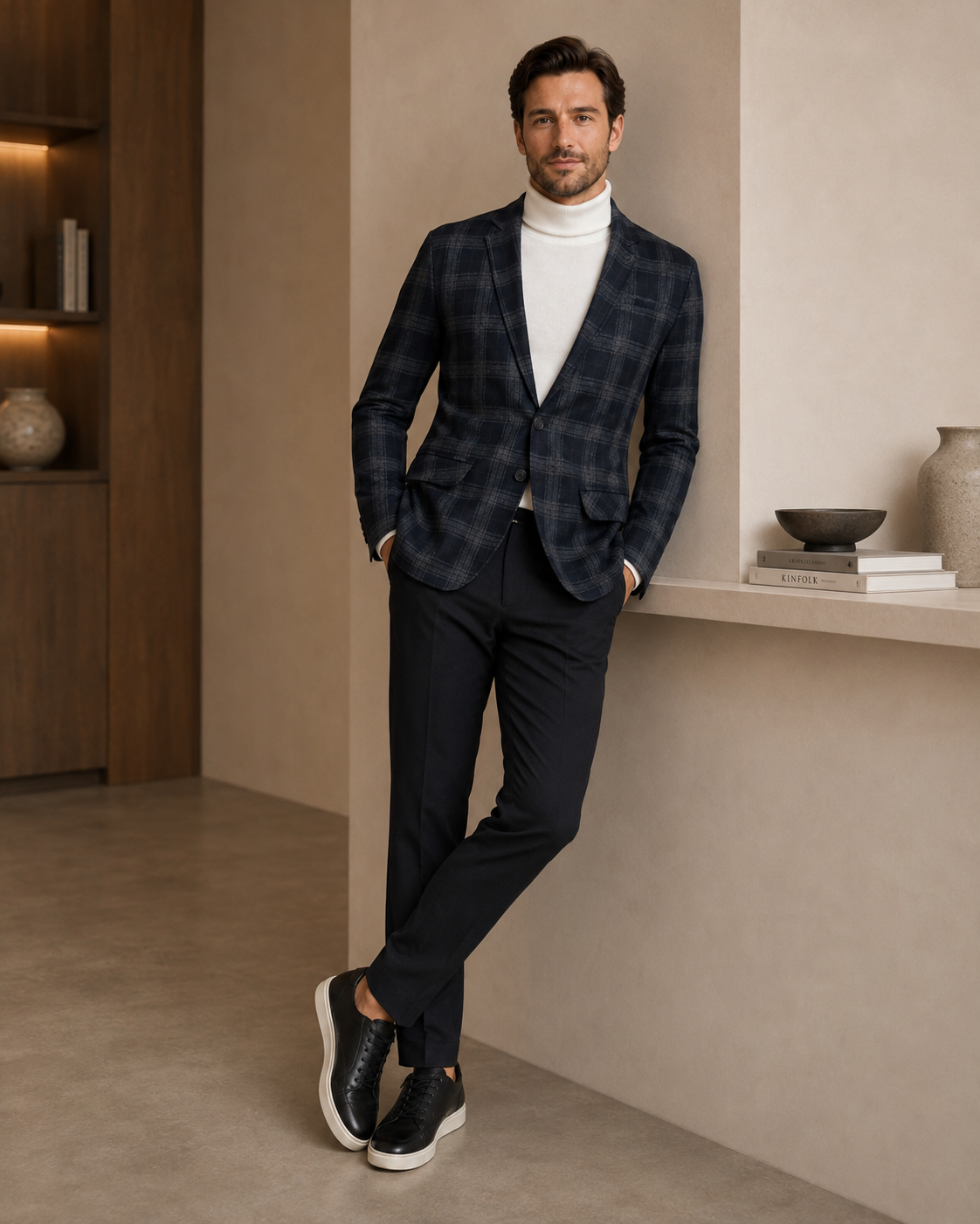 Men Dark Charcoal & Brown Plaid Checked Single-Breasted Casual Blazer