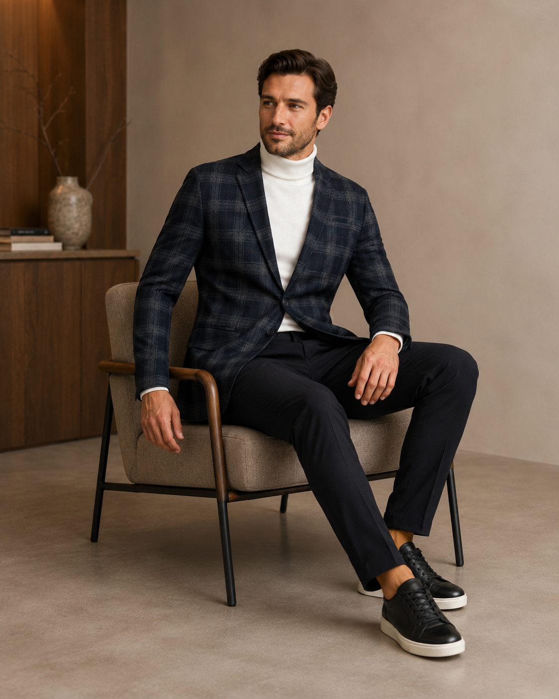 Men Dark Charcoal & Brown Plaid Checked Single-Breasted Casual Blazer
