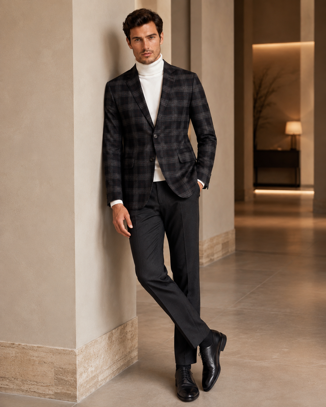 Men Dark Charcoal & Maroon Plaid Checked Single-Breasted Casual Blazer