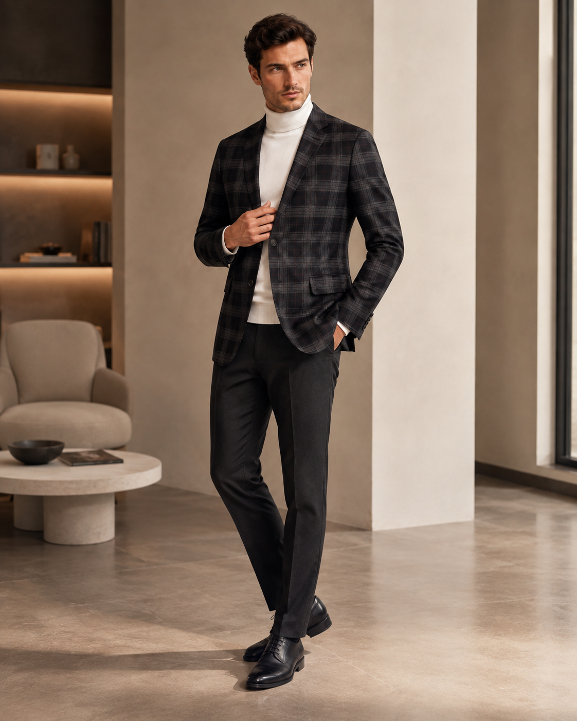 Men’s Dark Charcoal & Maroon Plaid Blazer-3