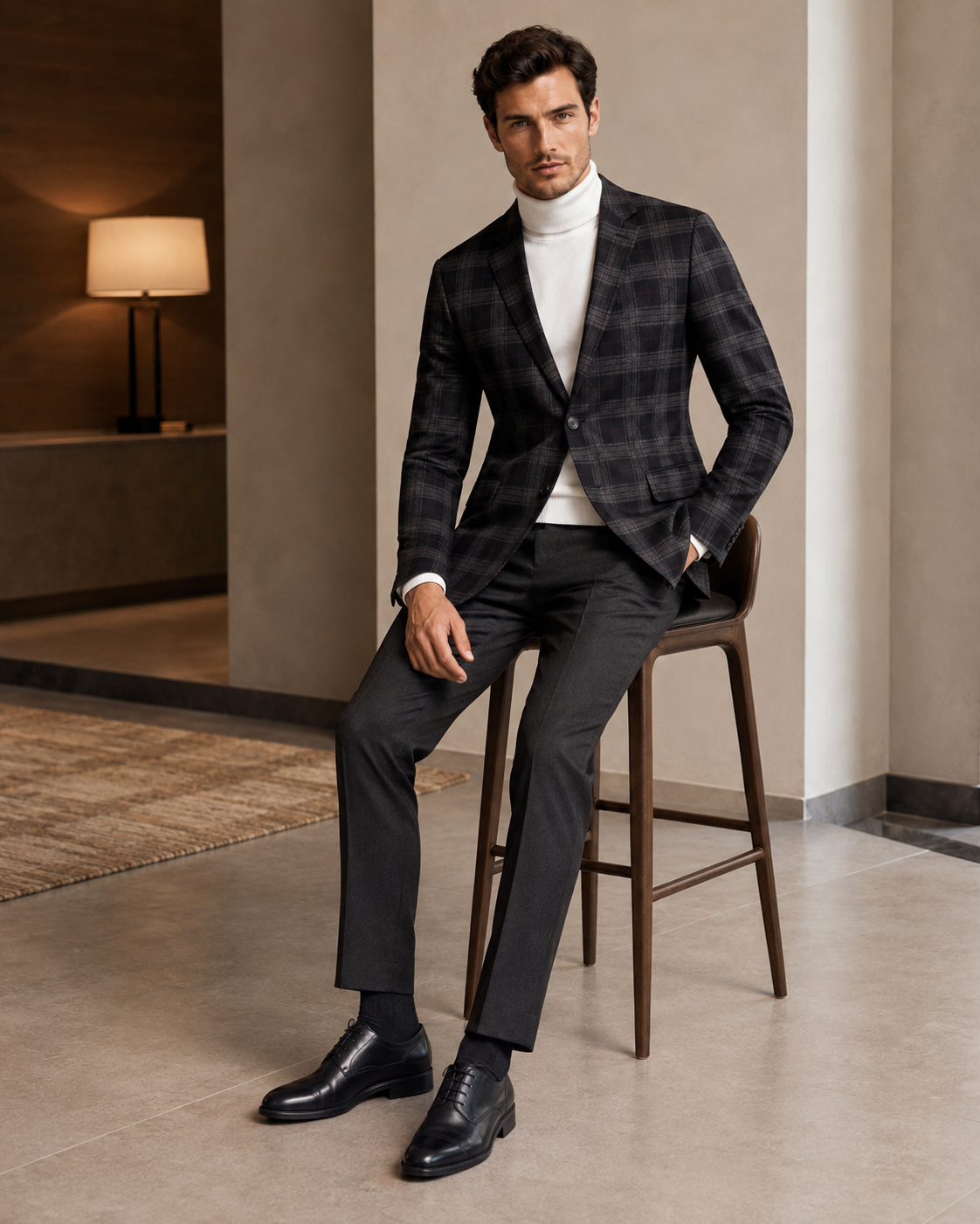 Men Dark Charcoal & Maroon Plaid Checked Single-Breasted Casual Blazer