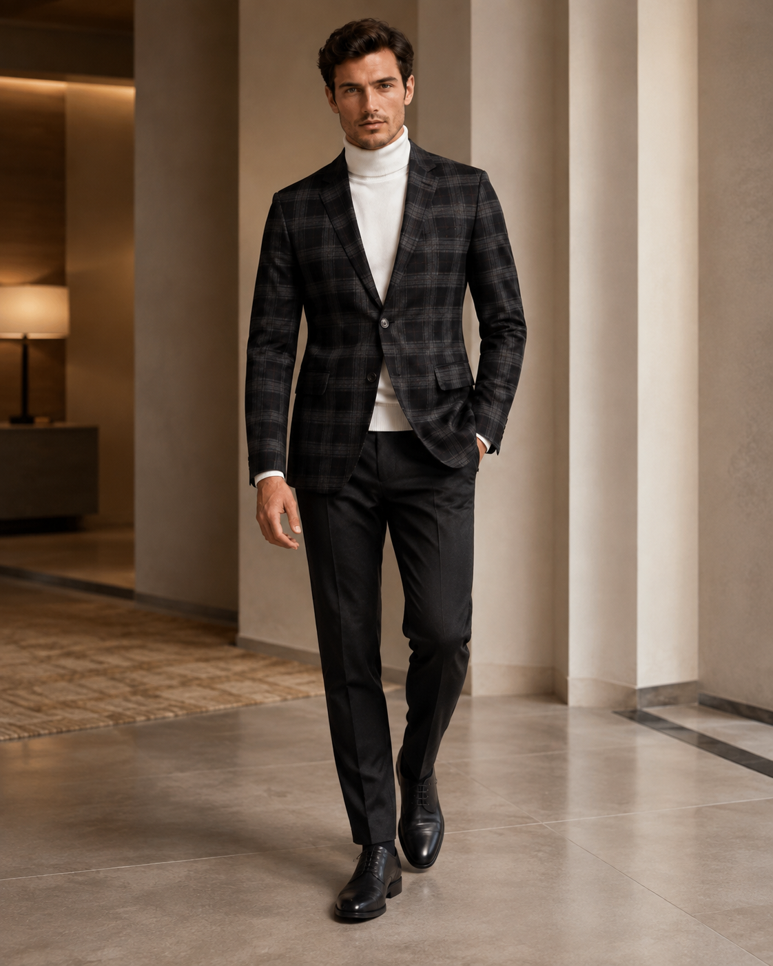 Men’s Dark Charcoal & Maroon Plaid Blazer-4