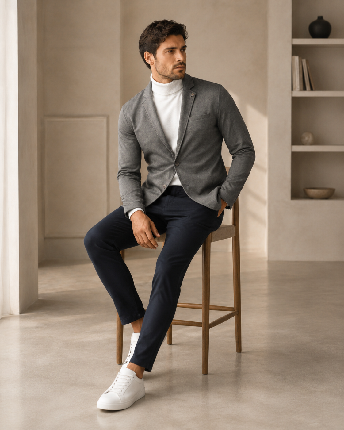 Men Grey Textured Single-Breasted Casual Blazer