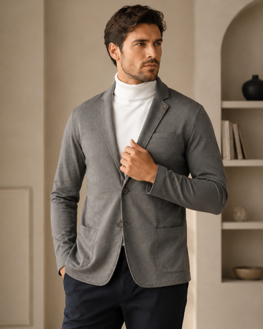 Men Grey Textured Single-Breasted Casual Blazer
