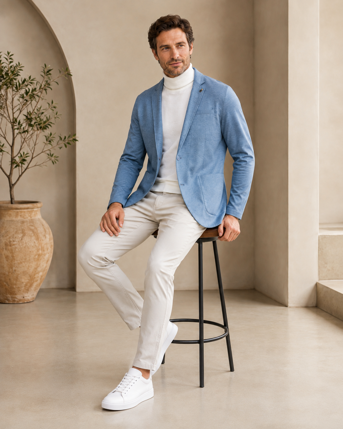 Men Sky Blue Textured Single-Breasted Casual Blazer