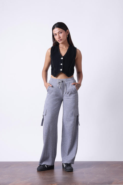 LIGHT GREY MELANGE WIDE LEG TRACK PANTS