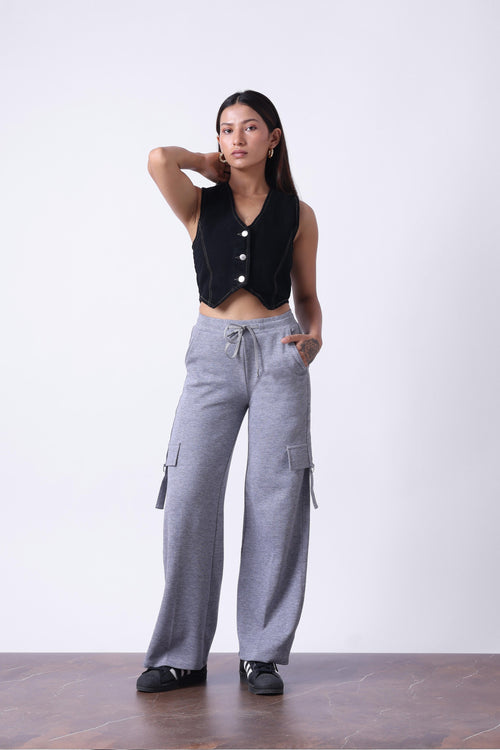 LIGHT GREY MELANGE WIDE LEG TRACK PANTS