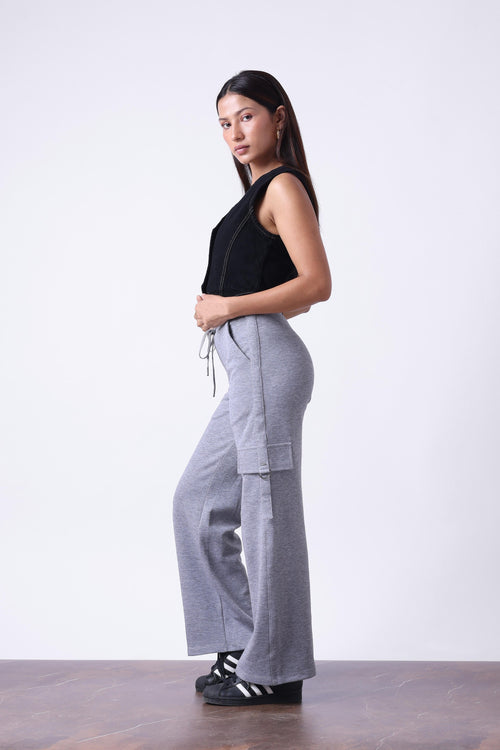 LIGHT GREY MELANGE WIDE LEG TRACK PANTS