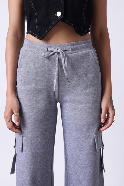 LIGHT GREY MELANGE WIDE LEG TRACK PANTS