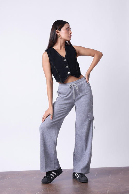 LIGHT GREY MELANGE WIDE LEG TRACK PANTS