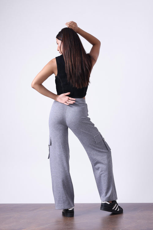 LIGHT GREY MELANGE WIDE LEG TRACK PANTS