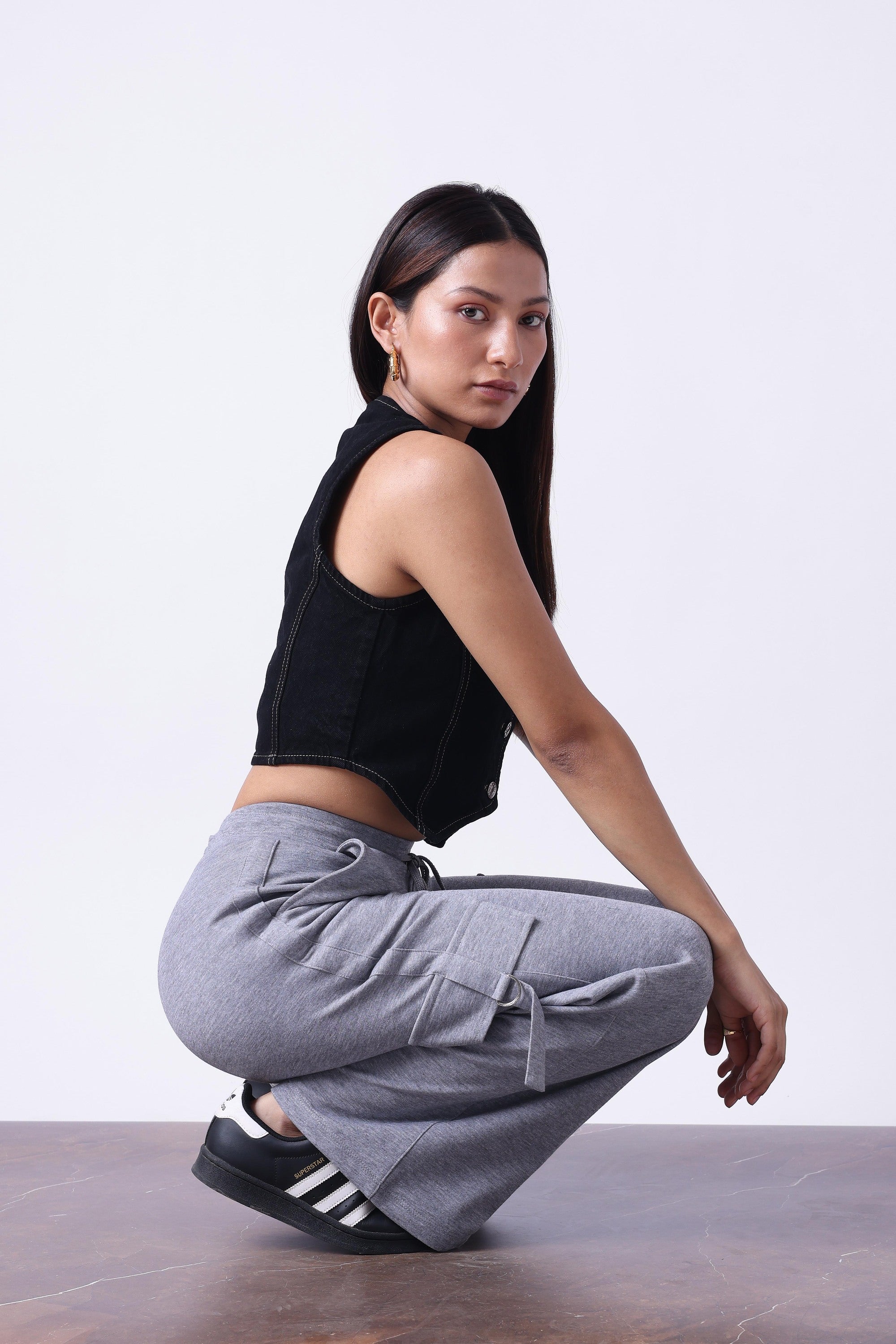 LIGHT GREY MELANGE WIDE LEG TRACK PANTS