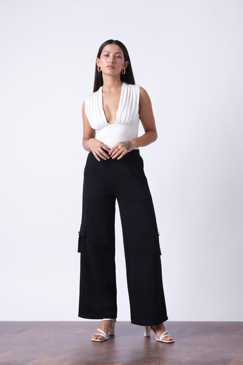 BLACK MELANGE WIDE LEG TRACK PANTS