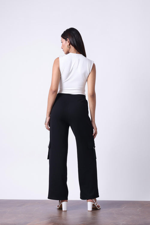 BLACK MELANGE WIDE LEG TRACK PANTS