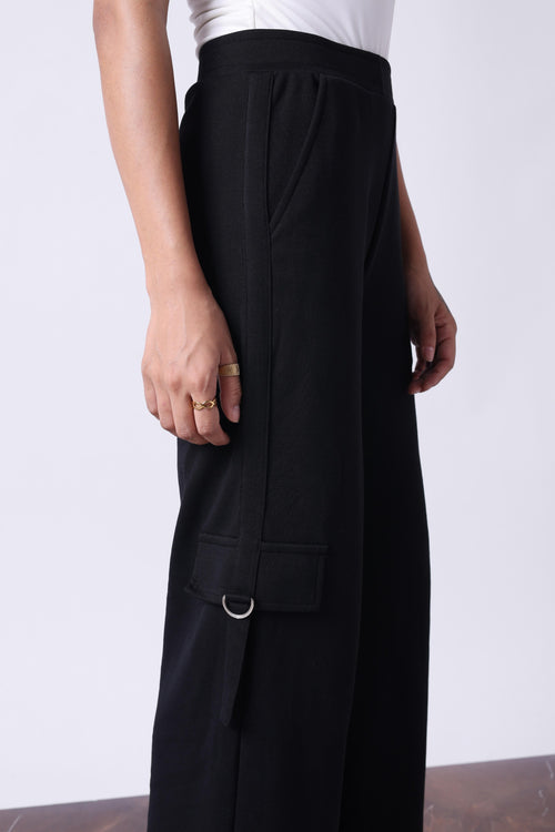 BLACK MELANGE WIDE LEG TRACK PANTS