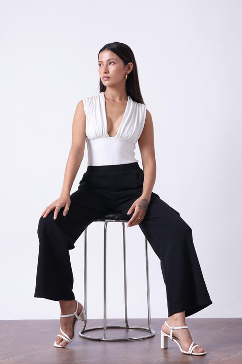 BLACK MELANGE WIDE LEG TRACK PANTS