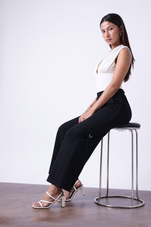 BLACK MELANGE WIDE LEG TRACK PANTS