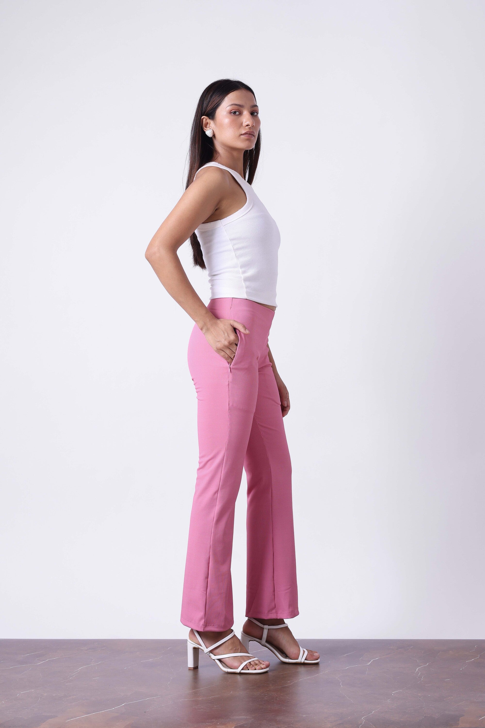 PINK MID RISE FLARE PANTS