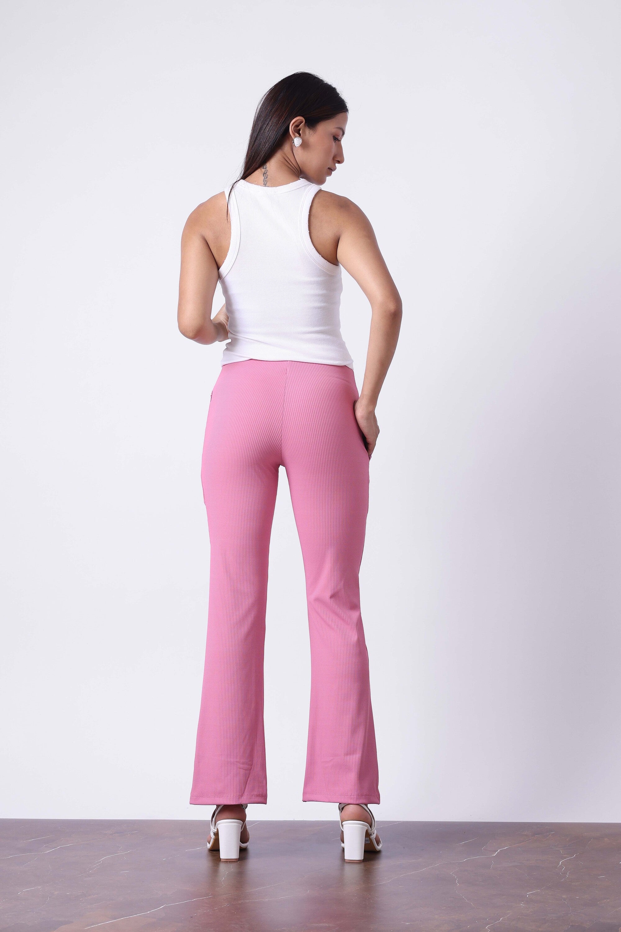 PINK MID RISE FLARE PANTS