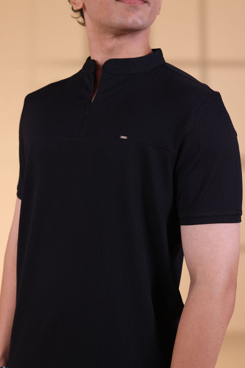 BLACK CONCEAL ZIPPER MANDARIN T-SHIRT