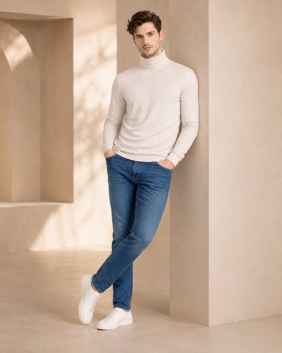 Beige Turtleneck High Neck Full Sleeve T-Shirt