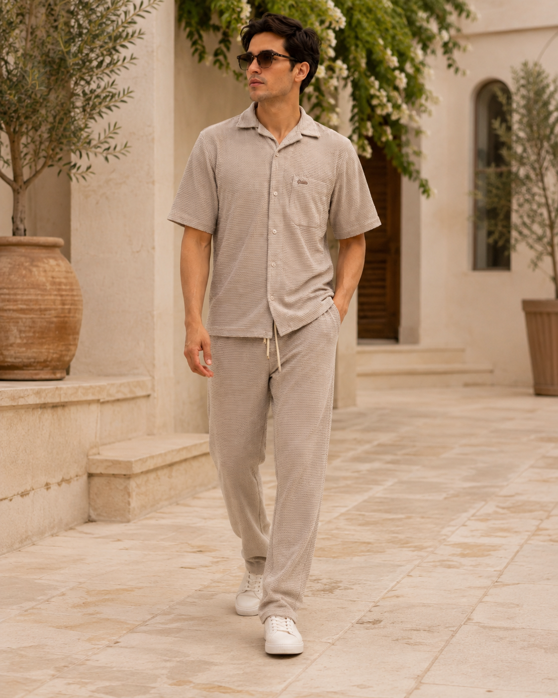 Men Beige Textured Knit Shirt & Trousers Co-ord Set