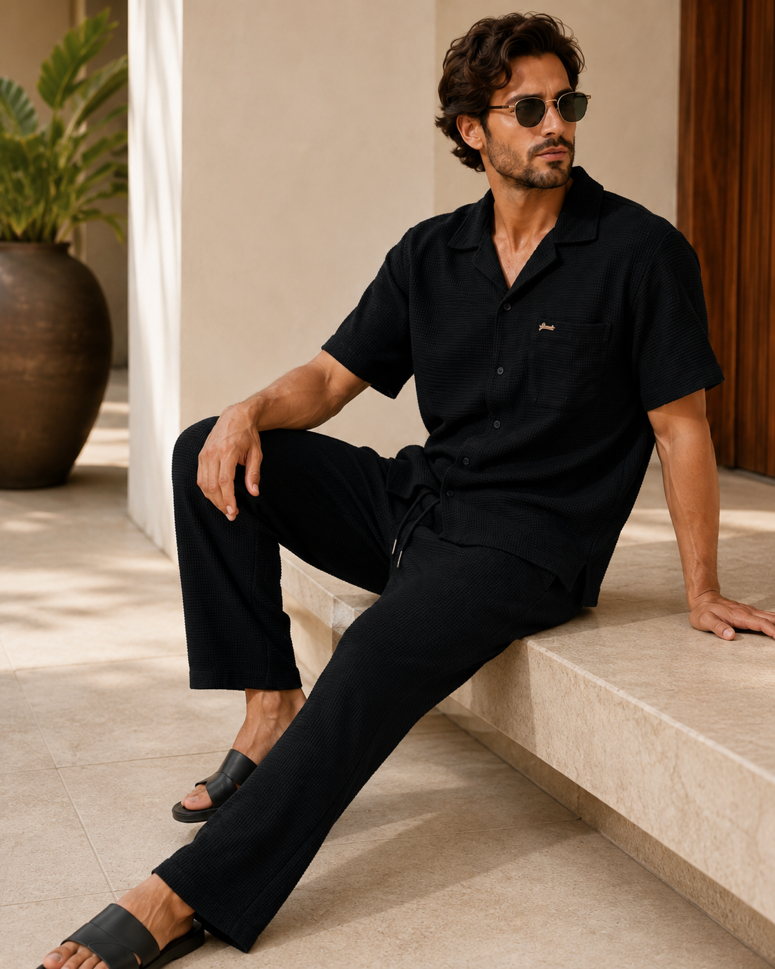 Men Black Textured Knit Shirt & Trousers Co-ord Set