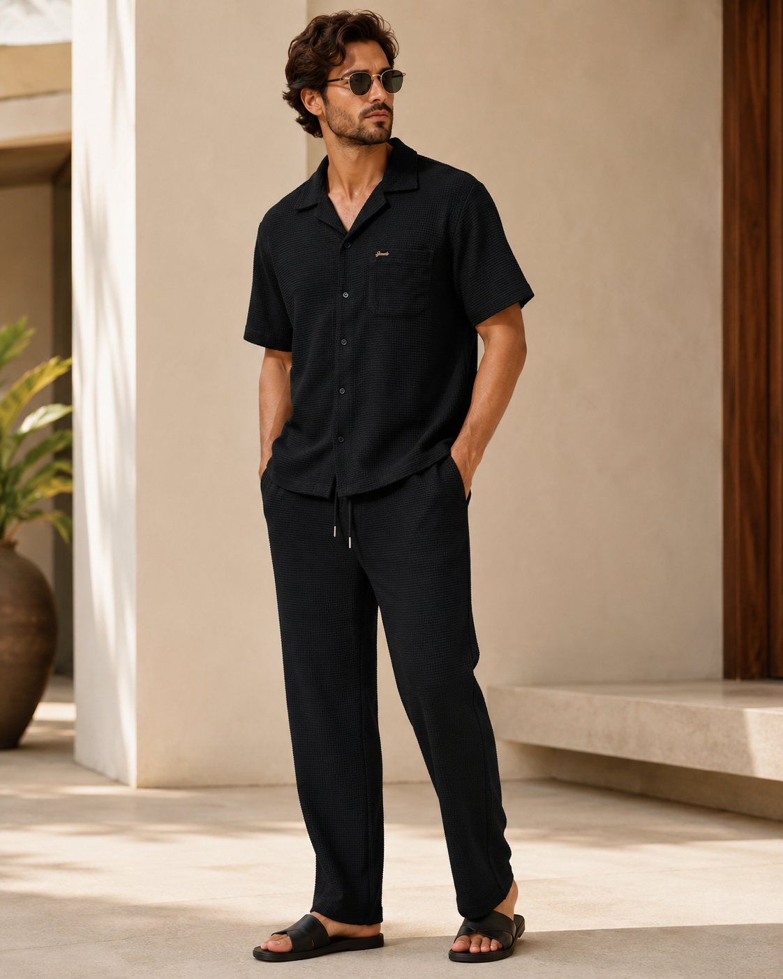 Men Black Textured Knit Shirt & Trousers Co-ord Set