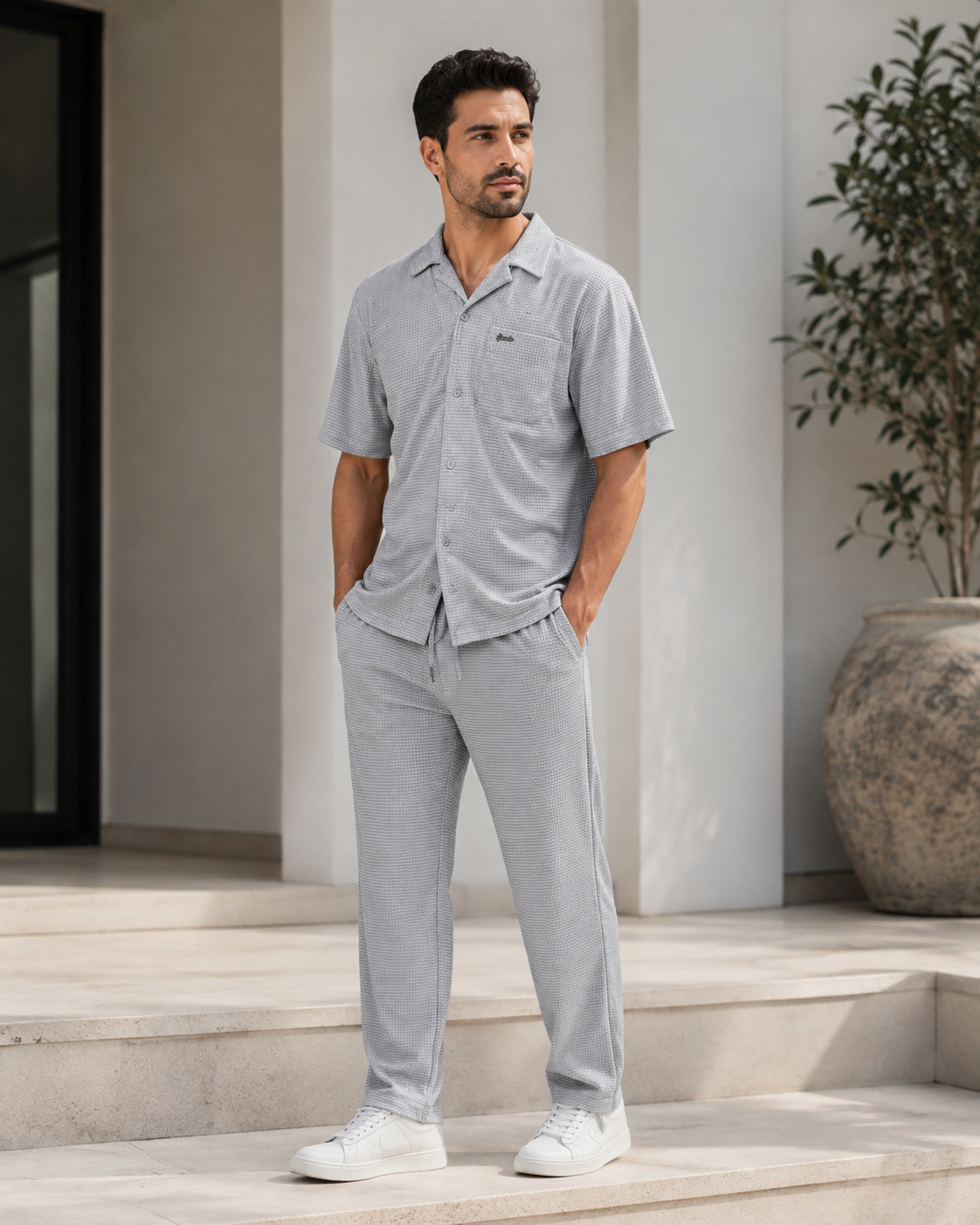 Men Cement Grey Textured Knit Shirt & Trousers Co-ord Set