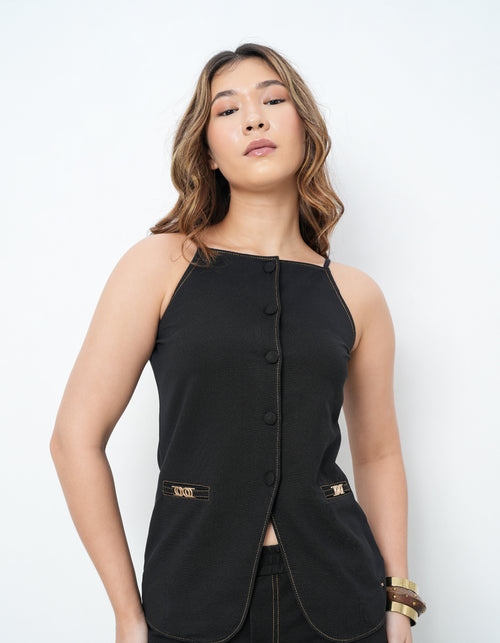 Knitted Black Denim Sleeveless Top